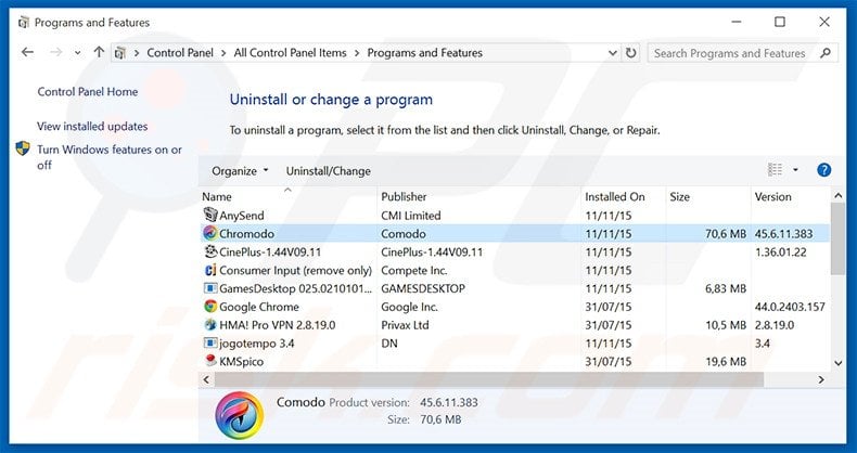 Chromodo adware uninstall via Control Panel