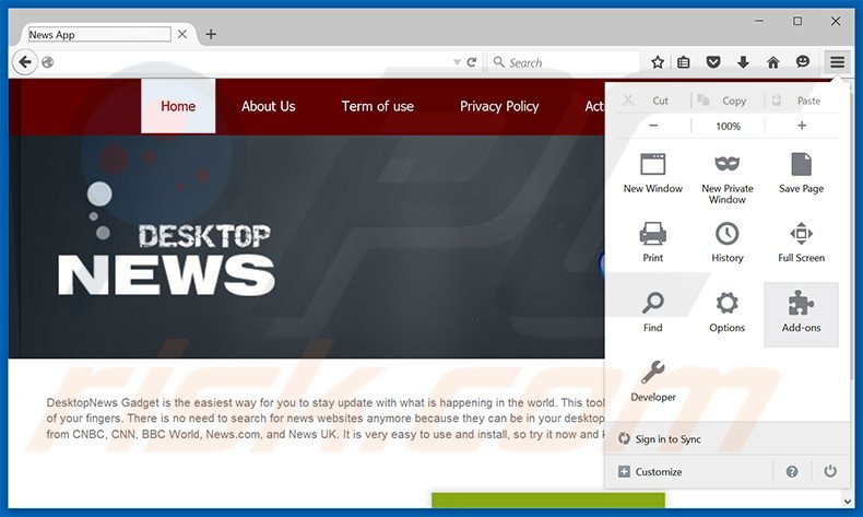 Removing DesktopNews ads from Mozilla Firefox step 1