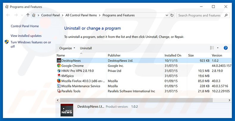 DesktopNews adware uninstall via Control Panel