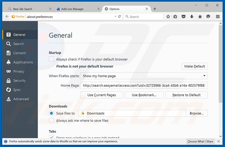Removing search.easyemailaccess.com from Mozilla Firefox homepage