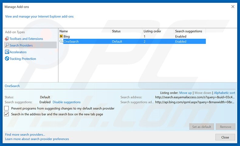 Removing search.easyemailaccess.com from Internet Explorer default search engine