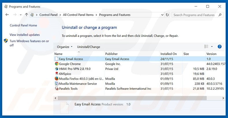 search.easyemailaccess.com browser hijacker uninstall via Control Panel