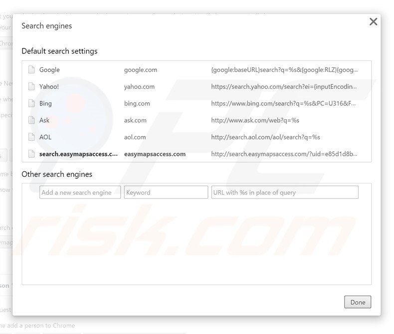 Removing search.easymapsaccess.com from Google Chrome default search engine