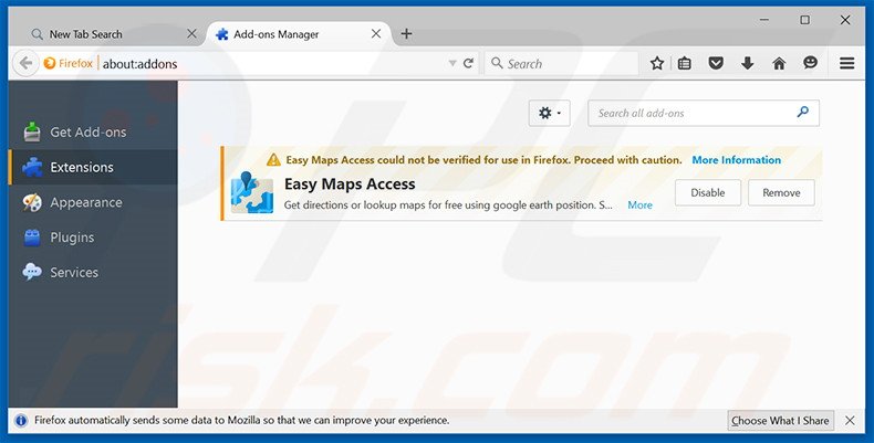Removing search.easymapsaccess.com related Mozilla Firefox extensions