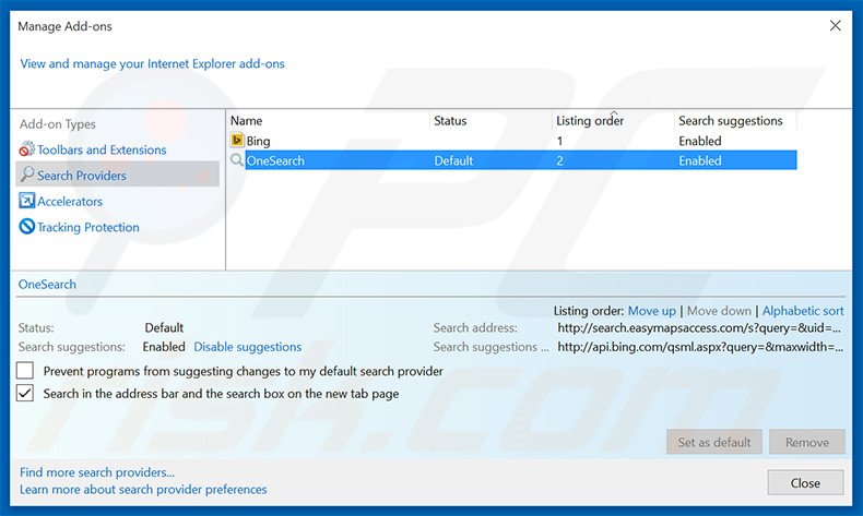 Removing search.easymapsaccess.com from Internet Explorer default search engine