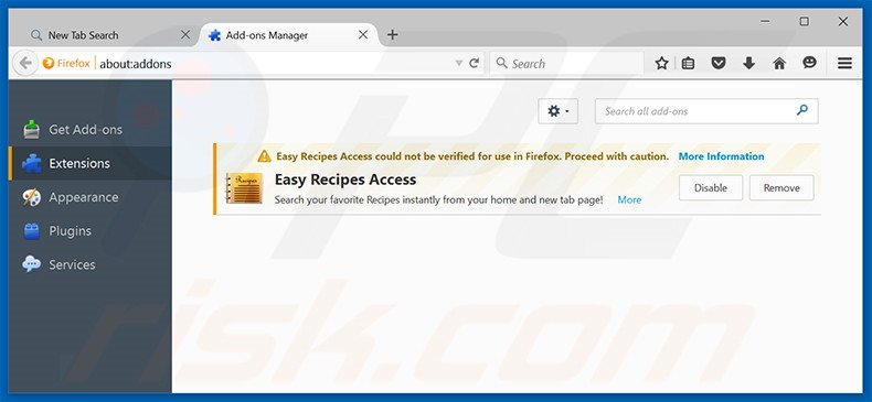 Removing search.easyrecipesaccess.com related Mozilla Firefox extensions