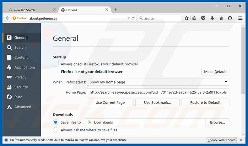 Removing search.easyrecipesaccess.com from Mozilla Firefox homepage