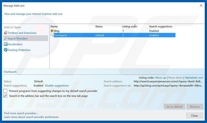 Removing search.easyrecipesaccess.com from Internet Explorer default search engine