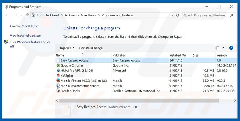 search.easyrecipesaccess.com browser hijacker uninstall via Control Panel