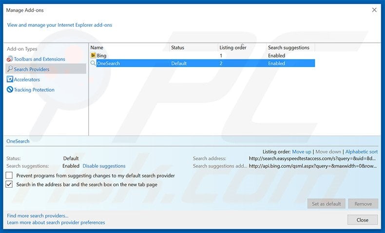Removing search.easyspeedtestaccess.com from Internet Explorer default search engine