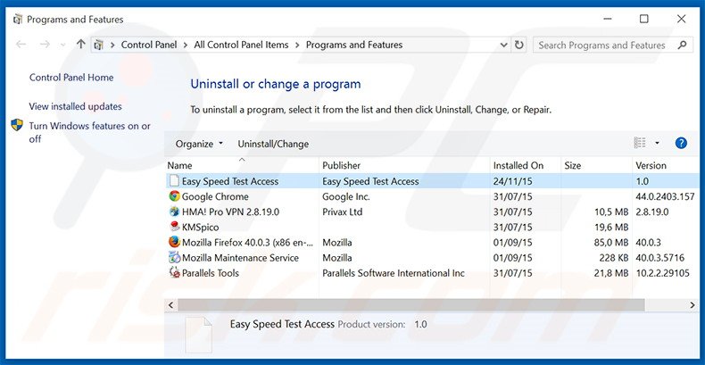 search.easyspeedtestaccess.com browser hijacker uninstall via Control Panel