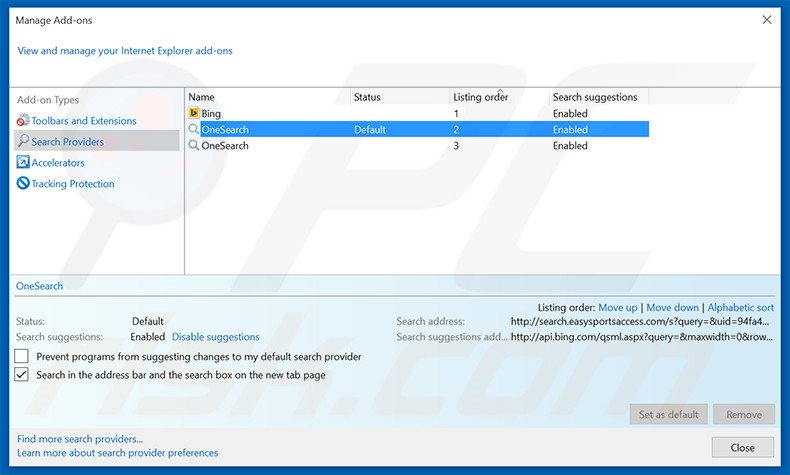 Removing search.easysportsaccess.com from Internet Explorer default search engine