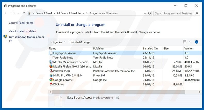 search.easysportsaccess.com browser hijacker uninstall via Control Panel