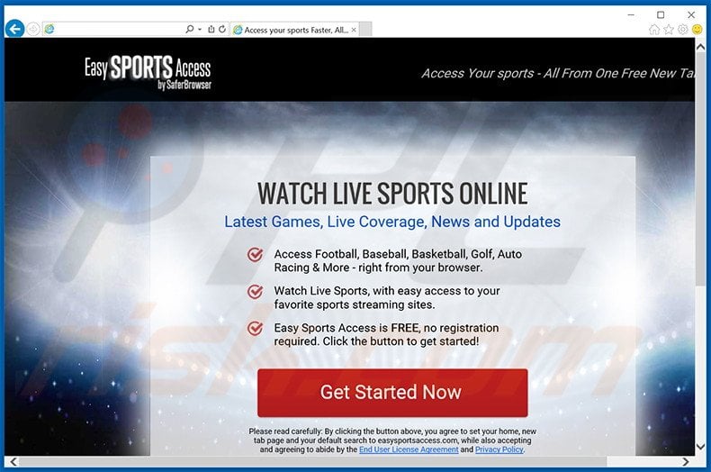 Website used to promote Easy Sports Access browser hijacker