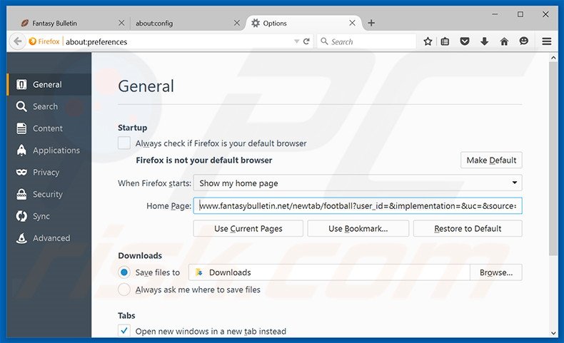 Removing fantasybulletin.net from Mozilla Firefox homepage