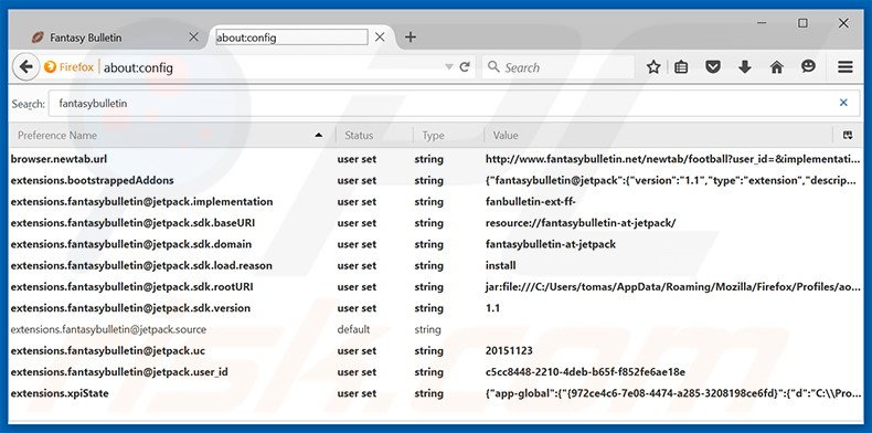 Removing fantasybulletin.net from Mozilla Firefox default search engine
