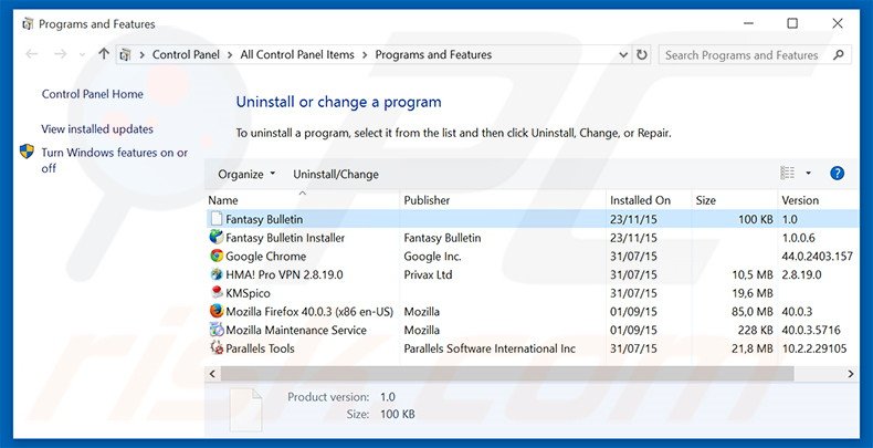 fantasybulletin.net browser hijacker uninstall via Control Panel