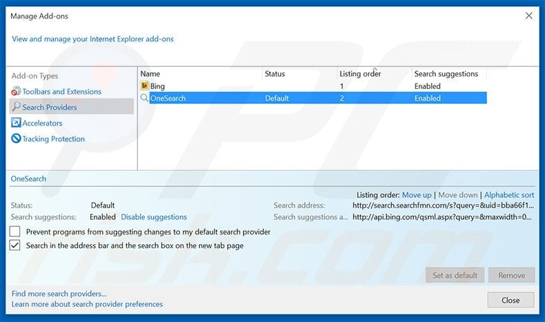Removing search.searchfmn.com from Internet Explorer default search engine
