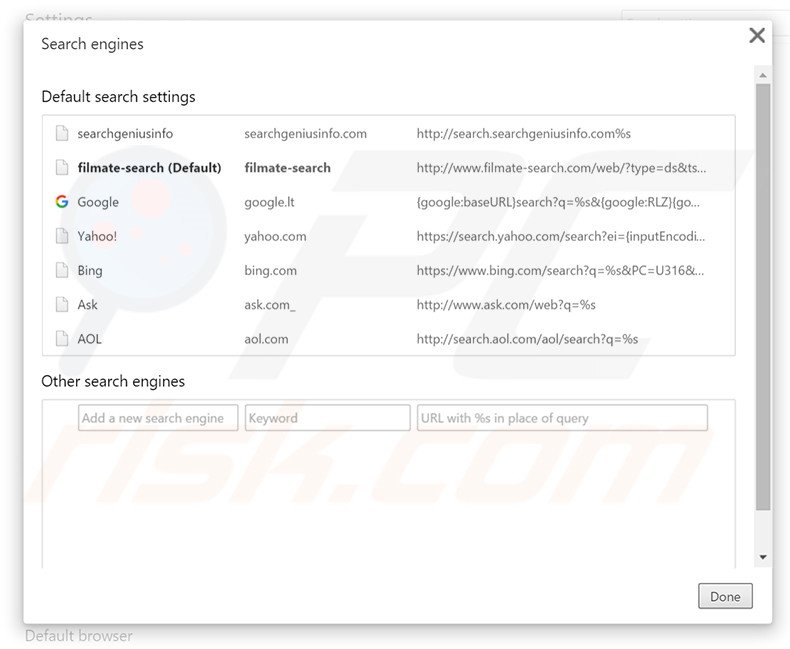 Removing filmate-search.com from Google Chrome default search engine