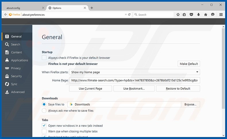Removing filmate-search.com from Mozilla Firefox homepage