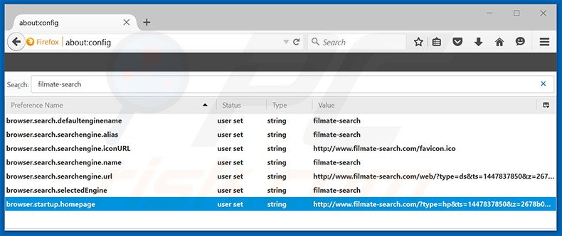 Removing filmate-search.com from Mozilla Firefox default search engine