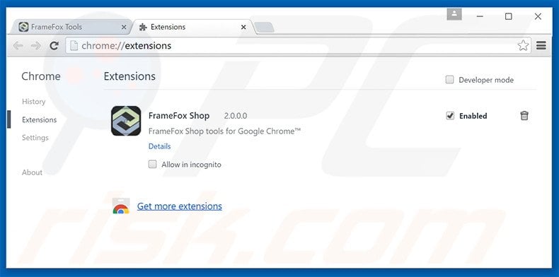 Removing FrameFox Shop ads from Google Chrome step 2