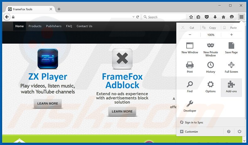 Removing FrameFox Shop ads from Mozilla Firefox step 1