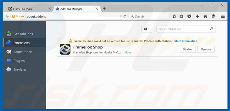 Removing FrameFox Shop ads from Mozilla Firefox step 2