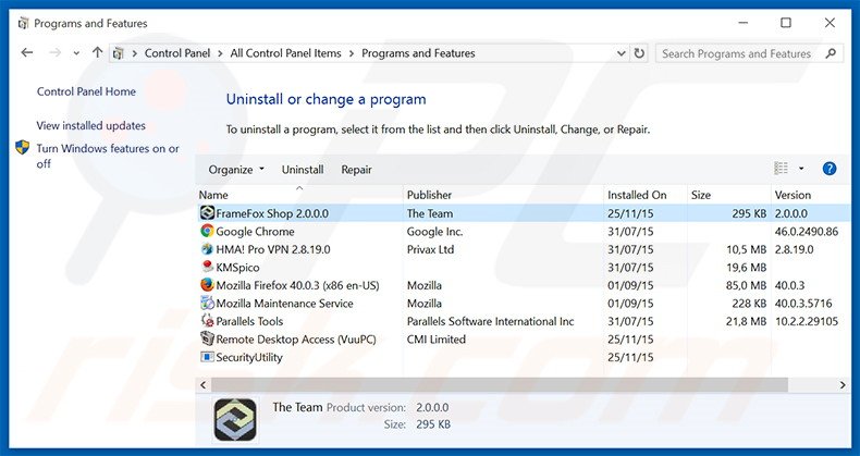 FrameFox Shop adware uninstall via Control Panel
