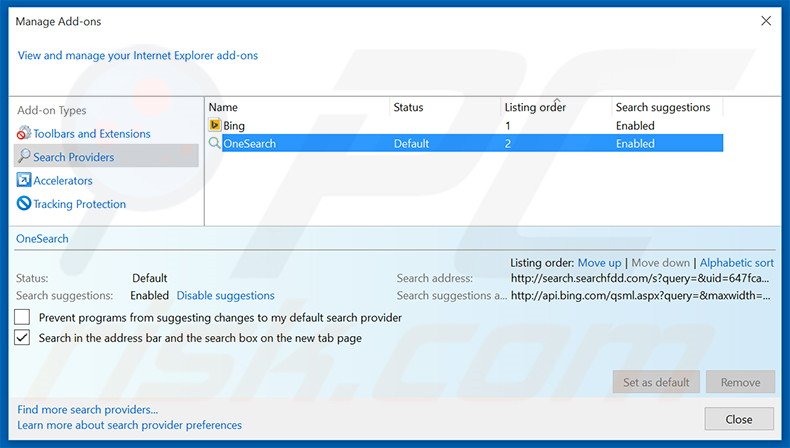 Removing search.searchfdd.com from Internet Explorer default search engine