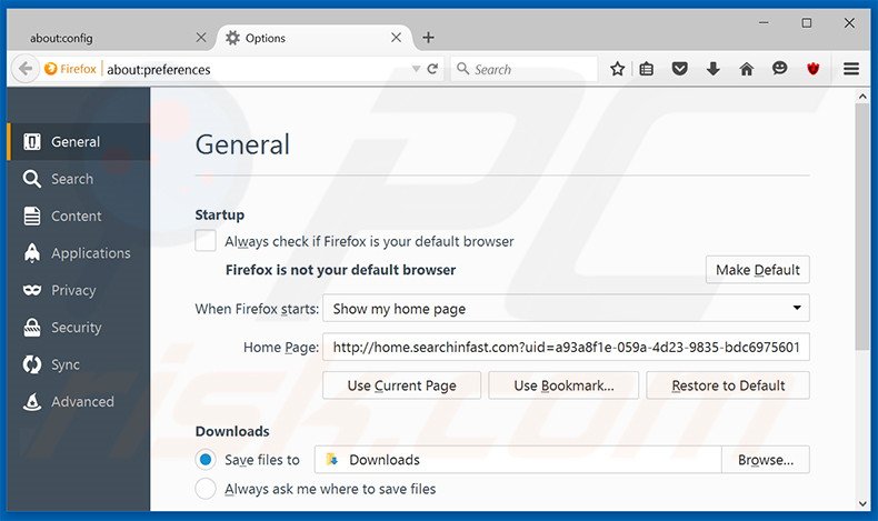 Removing home.searchinfast.com from Mozilla Firefox homepage