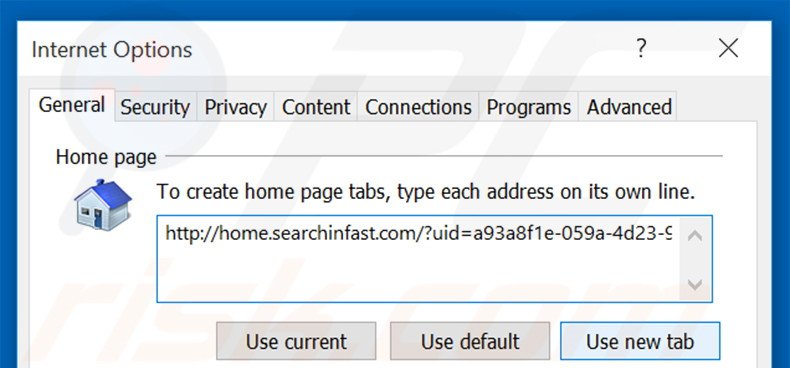Removing home.searchinfast.com from Internet Explorer homepage