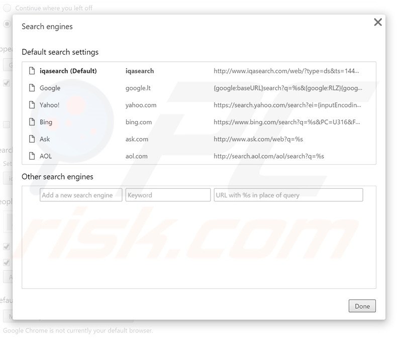 Removing iqasearch.com from Google Chrome default search engine