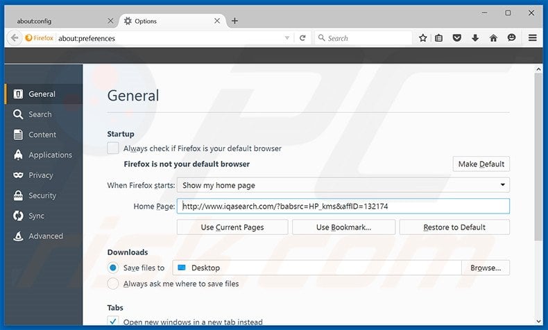 Removing iqasearch.com from Mozilla Firefox homepage