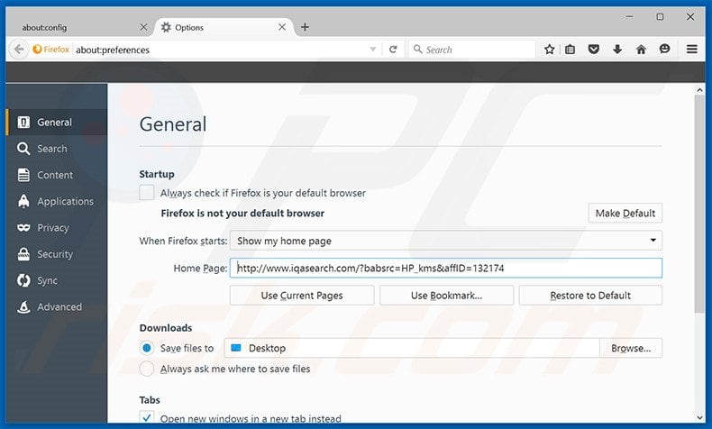 Removing iqasearch.com from Mozilla Firefox homepage