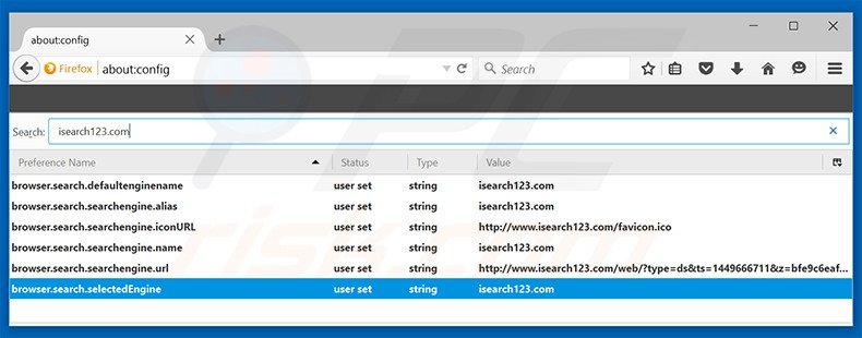 Removing isearch123.com from Mozilla Firefox default search engine