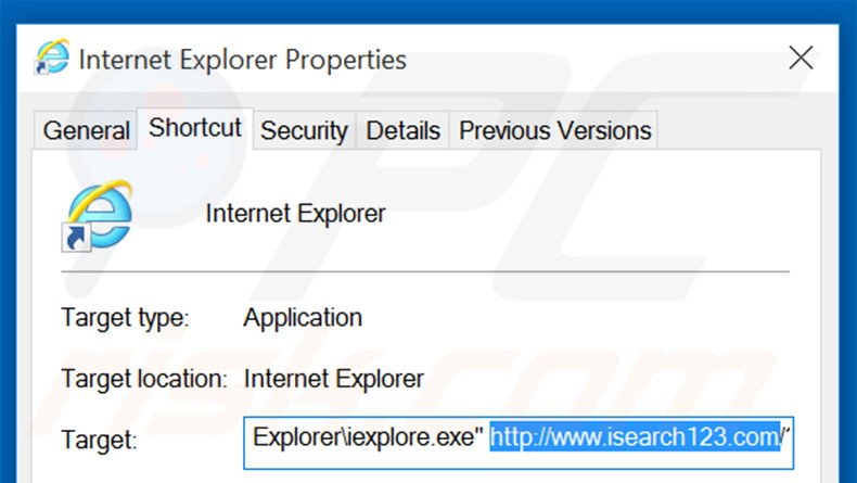 Removing isearch123.com from Internet Explorer shortcut target step 2