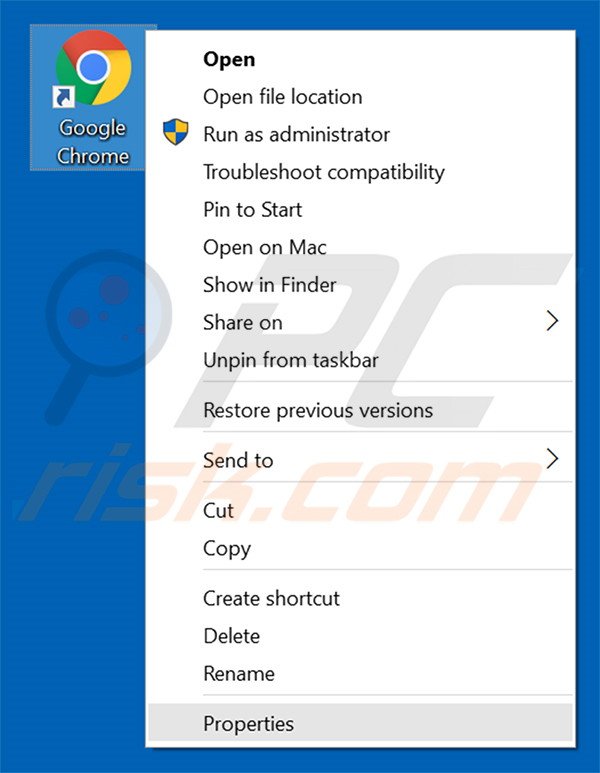 Removing istartpage123.com from Google Chrome shortcut target step 1