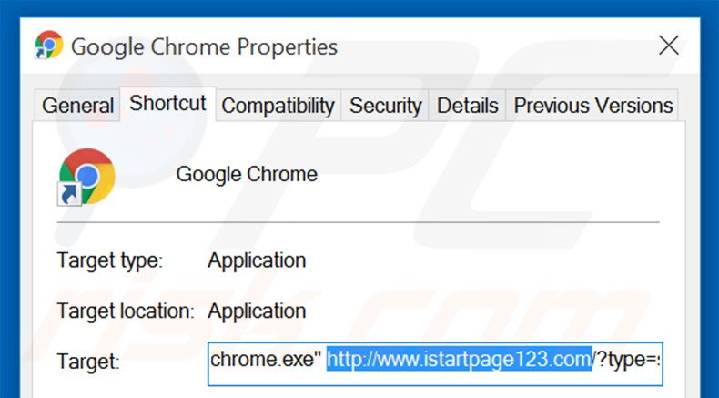 Removing istartpage123.com from Google Chrome shortcut target step 2