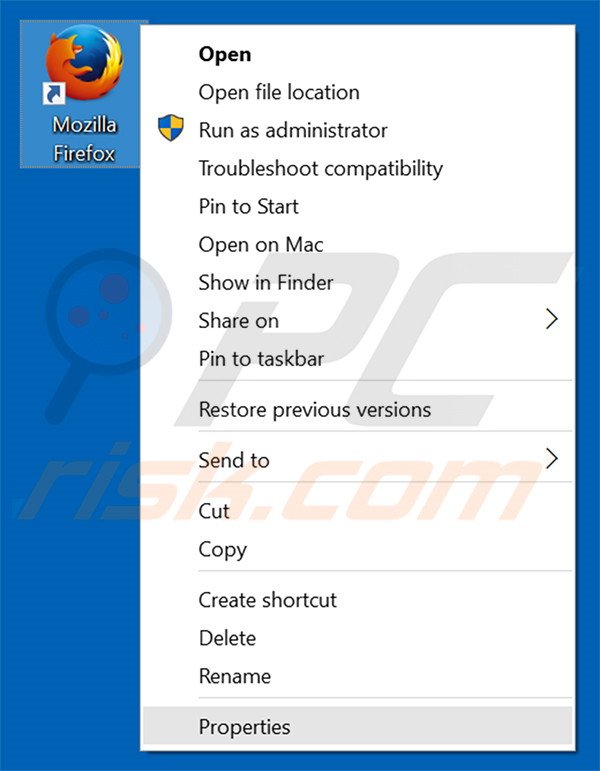 Removing istartpage123.com from Mozilla Firefox shortcut target step 1