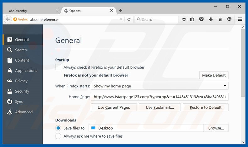 Removing istartpage123.com from Mozilla Firefox homepage
