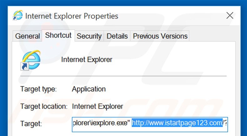 Removing istartpage123.com from Internet Explorer shortcut target step 2
