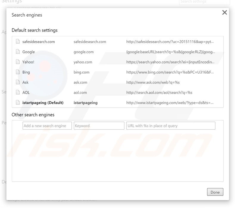 Removing istartpageing.com from Google Chrome default search engine