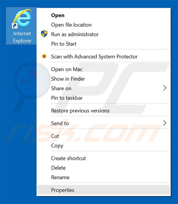 Removing istartpageing.com from Internet Explorer shortcut target step 1