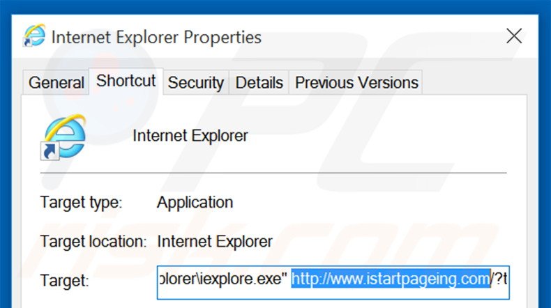 Removing istartpageing.com from Internet Explorer shortcut target step 2