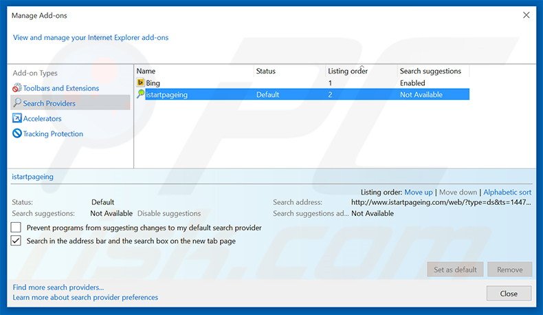 Removing istartpageing.com from Internet Explorer default search engine