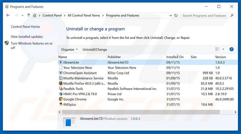 iStreamLite adware uninstall via Control Panel