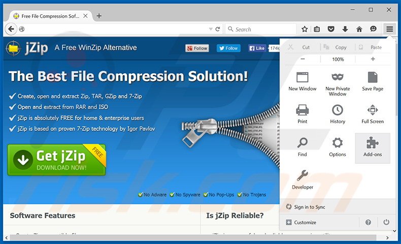 Removing jZip ads from Mozilla Firefox step 1