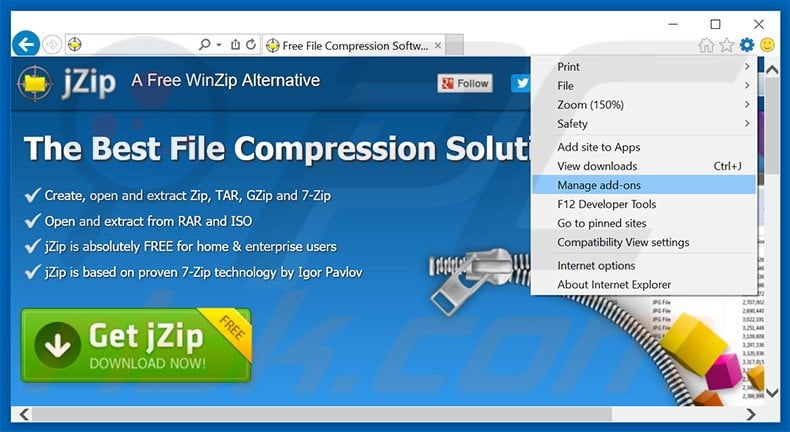Removing jZip ads from Internet Explorer step 1