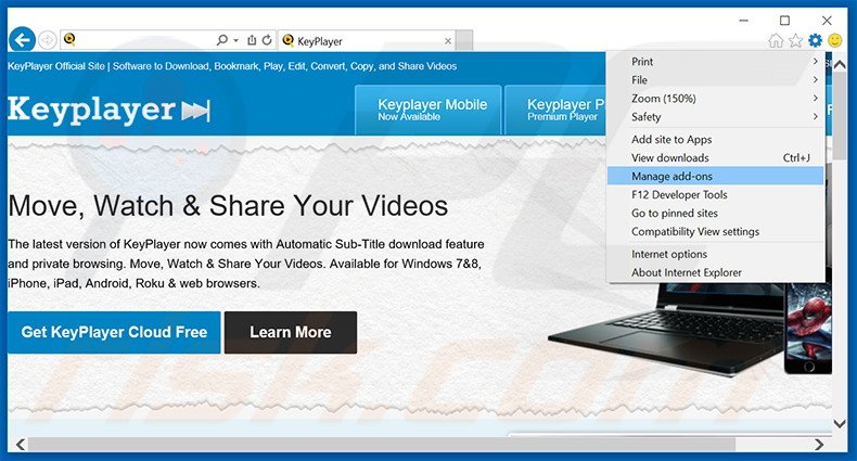 Removing KeyPlayer ads from Internet Explorer step 1